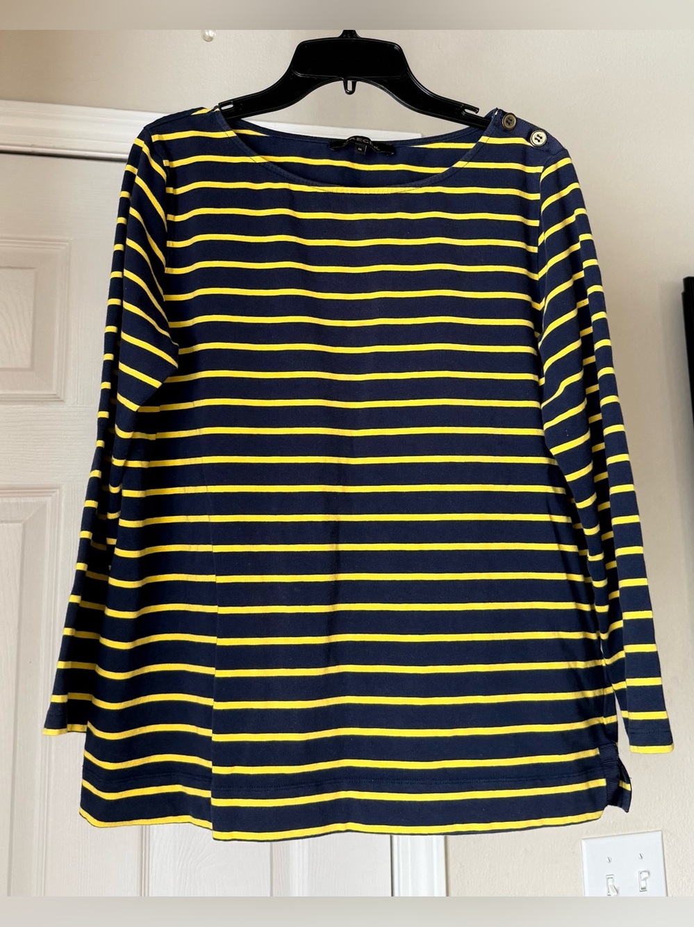 Striped Long-Sleeve Boatneck Top - Navy and Yellow, M, cotton blend, by Jaeger